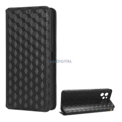   Tok álló, bőr hatású (FLIP, oldalra nyíló, asztali tartó funkció, teljes 3D rombusz minta, prémium) FEKETE Huawei Nova Y61