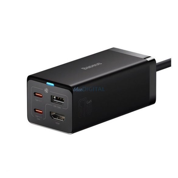 BASEUS hálózati elosztó USB+2 Type-C+HDMI aljzat (67W, GaN5, PD gyorstöltő + hálózati kábel) FEKETE
