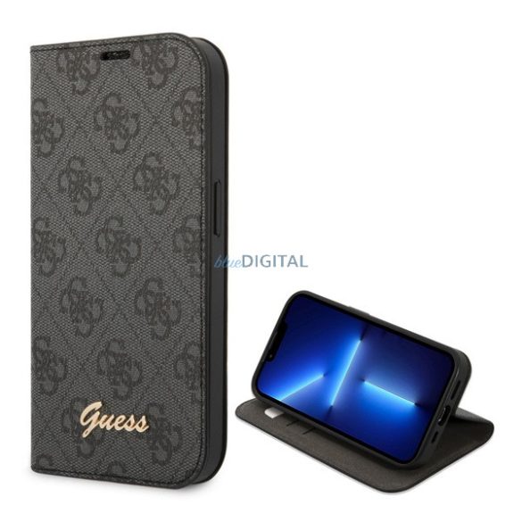 CG MOBILE GUESS 4G tok álló, textil hatású (FLIP, oldalra nyíló, asztali tartó funkció, kamera védelem) FEKETE Apple iPhone 14 Plus