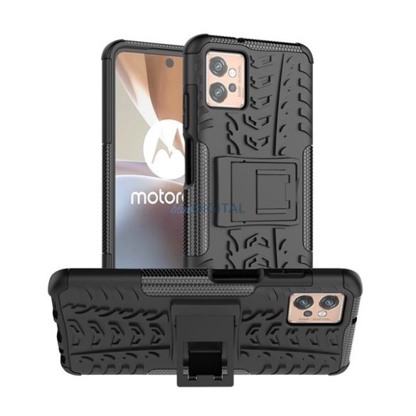 Defender műanyag telefonvédő (közepesen ütésálló, szilikon belső, kitámasztó, autógumi minta) FEKETE Motorola Moto G32 (XT2235)