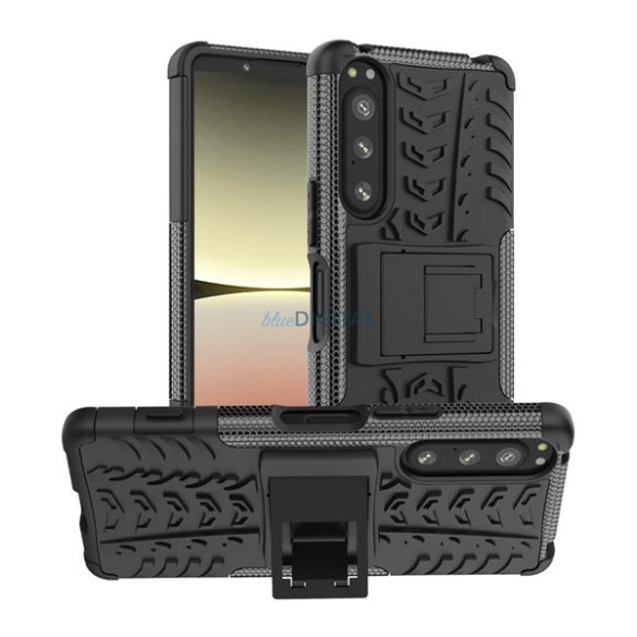 Defender műanyag telefonvédő (közepesen ütésálló, szilikon belső, kitámasztó, autógumi minta) FEKETE Sony Xperia 5 IV (XQCQ54)