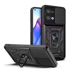   Defender műanyag telefonvédő (közepesen ütésálló, szilikon belső, telefontartó gyűrű, kamera védelem) FEKETE Oppo Reno 8