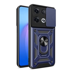 Defender műanyag telefonvédő (közepesen ütésálló, szilikon belső, telefontartó gyűrű, kamera védelem) SÖTÉTKÉK Oppo Reno 8 Pro