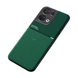   Műanyag telefonvédő (szilikon keret, közepesen ütésálló, beépített fémlemez, bőr hatású hátlap, csíkos minta) SÖTÉTZÖLD Oppo Reno 8 Pro