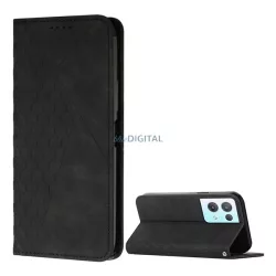   Tok álló, bőr hatású (FLIP, oldalra nyíló, asztali tartó funkció, 3D rombusz minta, prémium) FEKETE Oppo Reno 8 Pro