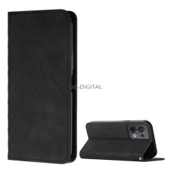   Tok álló, bőr hatású (FLIP, oldalra nyíló, asztali tartó funkció, 3D rombusz minta, prémium) FEKETE Oppo Reno 8