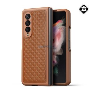 DUX DUCIS VENICE műanyag telefonvédő (valódi bőr hátlap, 3D rombusz minta, prémium) BARNA Samsung Galaxy Z Fold4 5G (SM-F936)