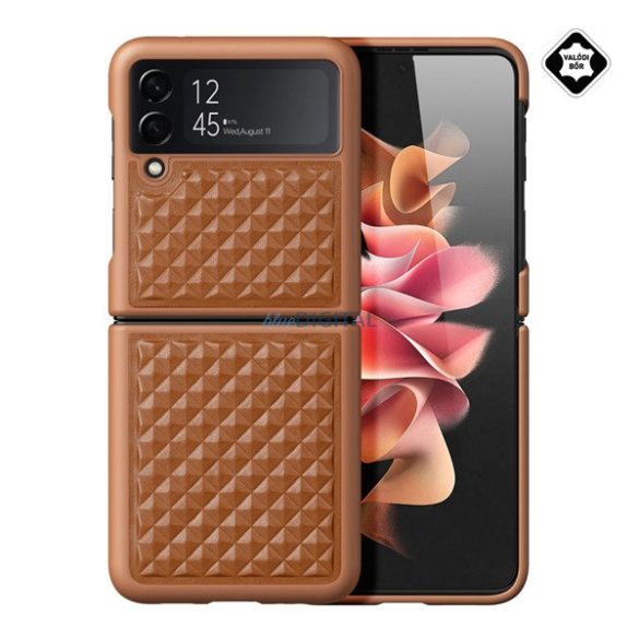 DUX DUCIS VENICE műanyag telefonvédő (valódi bőr hátlap, 3D rombusz minta, prémium) BARNA Samsung Galaxy Z Flip4 5G (SM-F721)