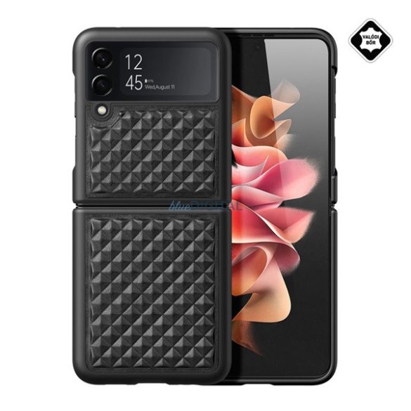 DUX DUCIS VENICE műanyag telefonvédő (valódi bőr hátlap, 3D rombusz minta, prémium) FEKETE Samsung Galaxy Z Flip4 5G (SM-F721)