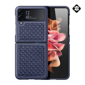 DUX DUCIS VENICE műanyag telefonvédő (valódi bőr hátlap, 3D rombusz minta, prémium) SÖTÉTKÉK Samsung Galaxy Z Flip4 5G (SM-F721)