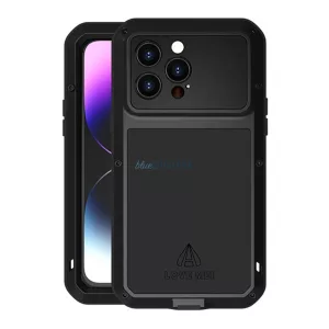 LOVE MEI Powerful defender telefonvédő (fém keret, extrém ütésálló, cseppálló, porálló + Gorilla Glass üveg) FEKETE Apple iPhone 14 Pro Max
