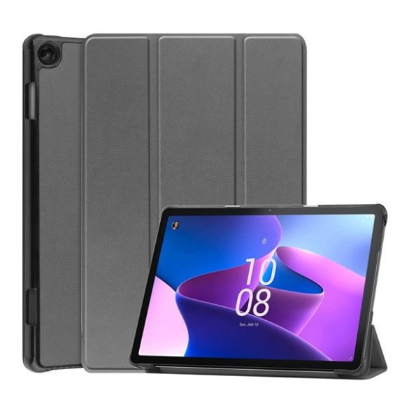 Tok álló, bőr hatású (aktív FLIP, oldalra nyíló, TRIFOLD, asztali tartó) SÖTÉTSZÜRKE Lenovo Tab M10 (TB-328)