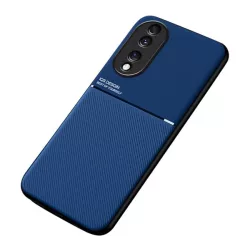   Műanyag telefonvédő (szilikon keret, közepesen ütésálló, beépített fémlemez, bőr hatású hátlap, csíkos minta) SÖTÉTKÉK Honor 70