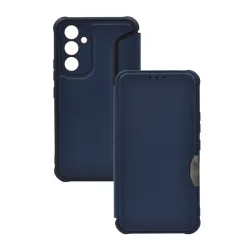   Tok álló, bőr hatású (FLIP, oldalra nyíló, légpárnás sarok, kamera védelem, karbon minta) SÖTÉTKÉK Samsung Galaxy A34 5G (SM-A346)