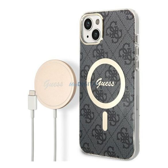 CG MOBILE GUESS 4G műanyag telefonvédő (textil hátlap, Magsafe kompatibilis + vezeték nélküli töltő, 15W) FEKETE Apple iPhone 14