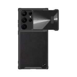  NILLKIN CAMSHIELD LEATHER műanyag telefonvédő (közepesen ütésálló, ECO bőr hatású hátlap, kamera védelem) FEKETE Samsung Galaxy S23 Ultra (SM-S918)