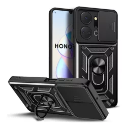   Defender műanyag telefonvédő (közepesen ütésálló, szilikon belső, telefontartó gyűrű, kamera védelem) FEKETE Honor X7a