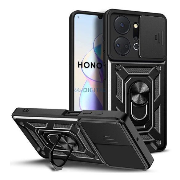 Defender műanyag telefonvédő (közepesen ütésálló, szilikon belső, telefontartó gyűrű, kamera védelem) FEKETE Honor X7a