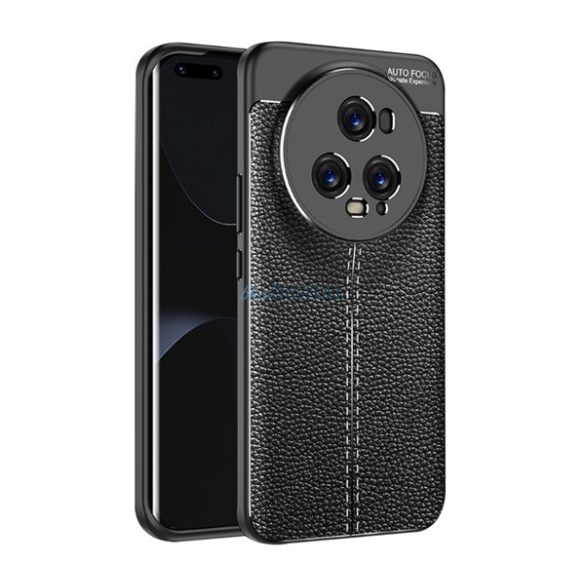 Szilikon telefonvédő (közepesen ütésálló, bőr hatású, varrás minta) FEKETE Honor Magic5 Pro 5G