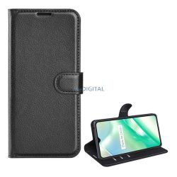   Tok álló, bőr hatású (FLIP, oldalra nyíló, asztali tartó funkció, prémium) FEKETE Realme C33