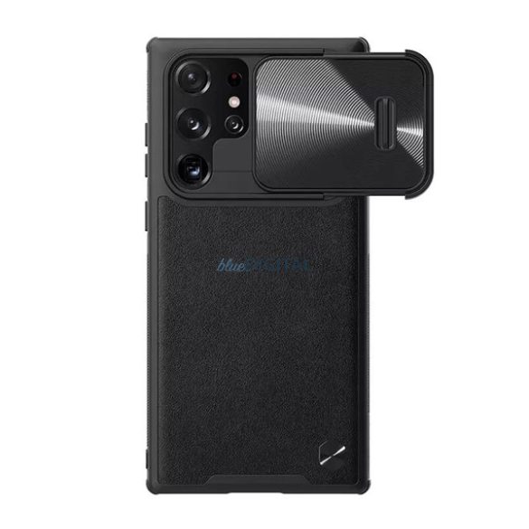 NILLKIN CAMSHIELD LEATHER műanyag telefonvédő (közepesen ütésálló, ECO bőr hatású hátlap, kamera védelem) FEKETE Samsung Galaxy S22 Ultra 5G (SM-S908)