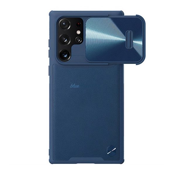NILLKIN CAMSHIELD LEATHER műanyag telefonvédő (közepesen ütésálló, ECO bőr hatású hátlap, kamera védelem) SÖTÉTKÉK Samsung Galaxy S22 Ultra 5G (SM-S908)