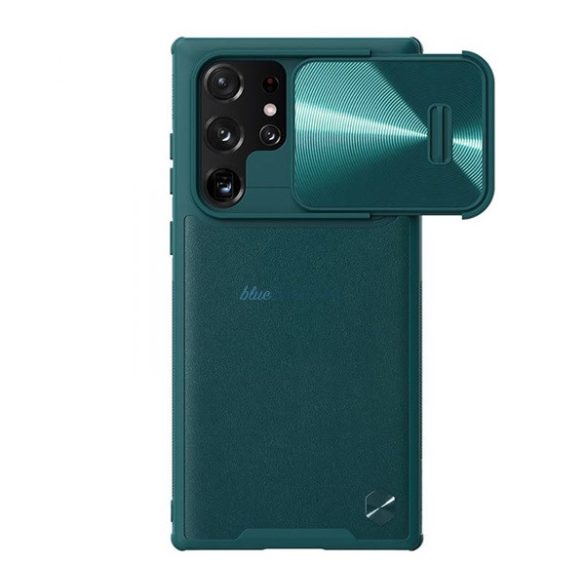 NILLKIN CAMSHIELD LEATHER műanyag telefonvédő (közepesen ütésálló, ECO bőr hatású hátlap, kamera védelem) SÖTÉTZÖLD Samsung Galaxy S22 Ultra 5G (SM-S908)