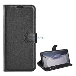   Tok álló, bőr hatású (FLIP, oldalra nyíló, asztali tartó funkció, prémium) FEKETE Vivo X90 Pro