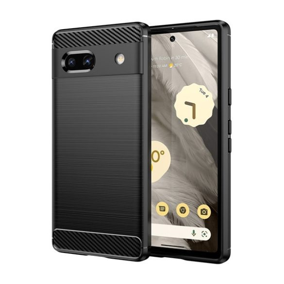 Szilikon telefonvédő (közepesen ütésálló, légpárnás sarok, szálcsiszolt, karbon minta) FEKETE Google Pixel 7a