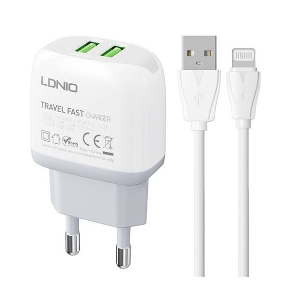 LDNIO A2219 hálózati töltő 2 USB aljzat (12W, gyorstöltő 3.0 + lightning kábel) FEHÉR