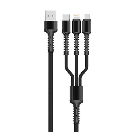 LDNIO adatkábel 3in1 (USB - lightning/microUSB/Type-C, 3.4A, gyorstöltő, 120cm) FEKETE