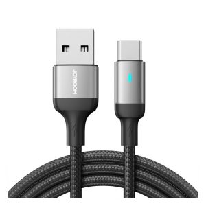 JOYROOM A10 adatkábel (USB - Type-C, 3A, gyorstöltő, 300cm, cipőfűző, LED jelzés) FEKETE 