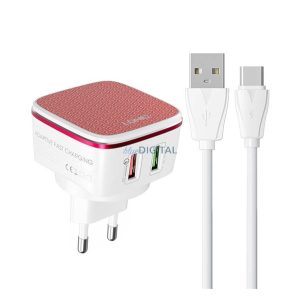 LDNIO hálózati töltő 2 USB aljzat (30W, gyorstöltő 3.0 + Type-C kábel) BORDÓ/FEHÉR