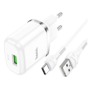 HOCO N3 hálózati töltő USB aljzat (18W, gyorstöltő 3.0 + Type-C kábel) FEHÉR