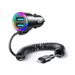   JOYROOM autós töltő 2 USB aljzat (17W, PD gyorstöltő 5.0 + fix lightning kábel) FEKETE