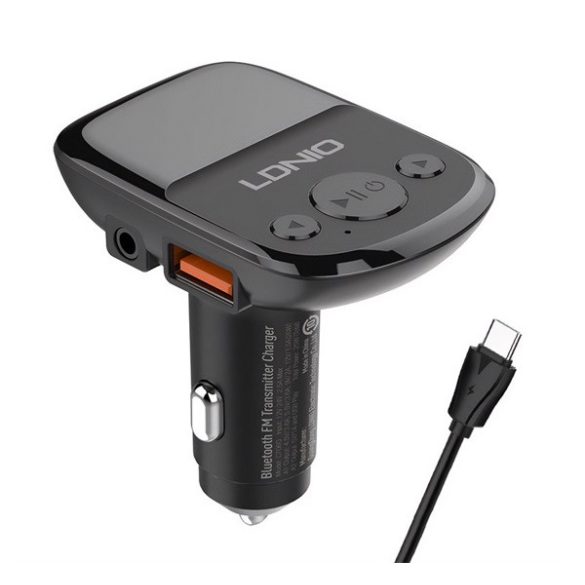 LDNIO bluetooth FM transmitter autós töltő 2 USB+3.5mm jack aljzat (3A, 25W, PD gyorstöltő + Type-C kábel) FEKETE 