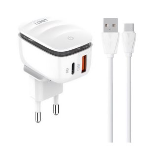 LDNIO hálózati töltő USB+Type-C aljzat (20W, PD gyorstöltő, éjjeli fény + microUSB kábel) FEHÉR