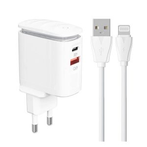 LDNIO hálózati töltő USB+Type-C aljzat (25W, PD gyorstöltő, éjjeli fény + USB - lightning kábel) FEHÉR