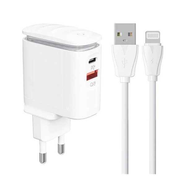 LDNIO hálózati töltő USB+Type-C aljzat (25W, PD gyorstöltő, éjjeli fény + USB - lightning kábel) FEHÉR