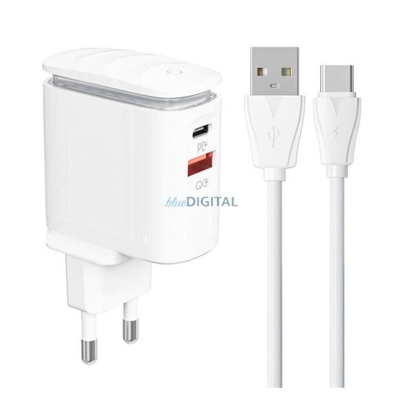 LDNIO hálózati töltő USB+Type-C aljzat (25W, PD gyorstöltő, éjjeli fény + Type-C kábel) FEHÉR