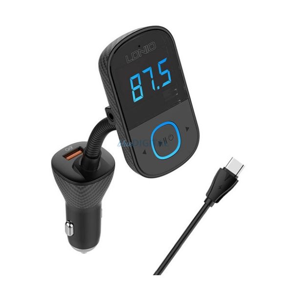 LDNIO bluetooth FM transmitter autós töltő 2 USB / Type-C aljzat (3A, 45W, PD gyorstöltés + Type-C kábel) FEKETE