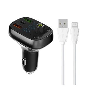 LDNIO bluetooth FM transmitter autós töltő 2 USB+Type-C aljzat (15W, PD gyorstöltő + lightning kábel) FEKETE