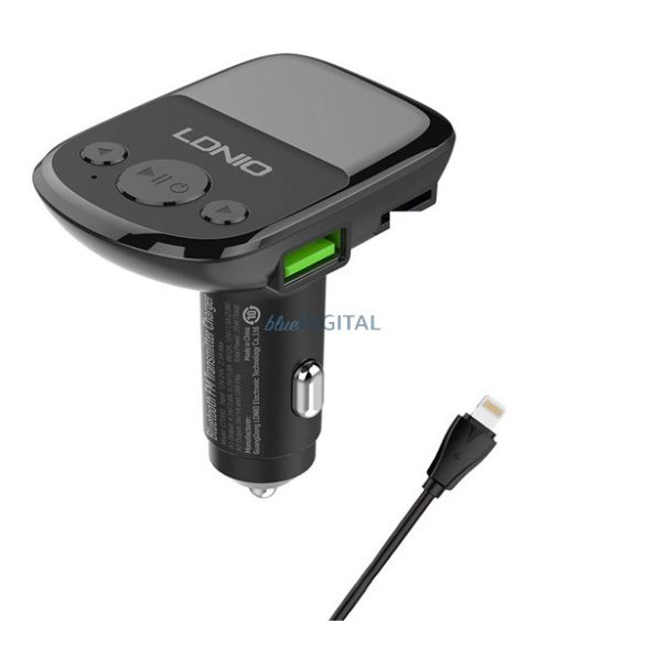 LDNIO bluetooth FM transmitter autós töltő 2 USB+3.5mm jack aljzat (3A, 25W, PD gyorstöltő + lightning kábel) FEKETE