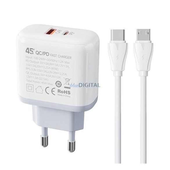 LDNIO hálózati töltő USB+Type-C aljzat (45W, PD gyorstöltő + Type-C - microUSB kábel) FEHÉR