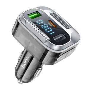 HOCO E75 bluetooth FM transmitter autós töltő 2 USB+Type-C+3.5mm jack aljzat (30W, PD gyorstöltő) FEKETE