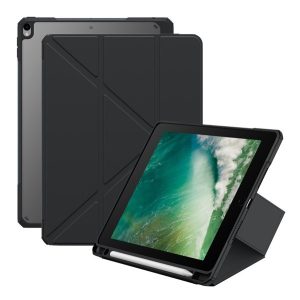 BASEUS MINIMALIST tok álló, bőr hatású (aktív FLIP, oldalra nyíló, TRIFOLD, asztali tartó, ceruza tartó) FEKETE Apple IPAD Pro 10.5 (2017), Apple IPAD Air 2019 (Air 3)