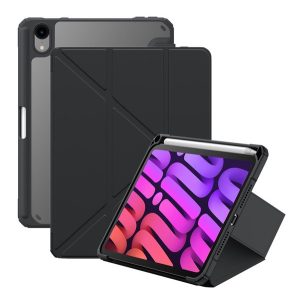 BASEUS MINIMALIST tok álló, bőr hatású (aktív FLIP, oldalra nyíló, TRIFOLD, asztali tartó, ceruza tartó) FEKETE Apple IPAD mini 6 (2021)