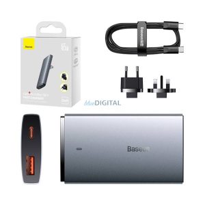 BASEUS hálózati elosztó USB+Type-C aljzat (65W, GaN5, gyorstöltő + Type-C kábel) SZÜRKE