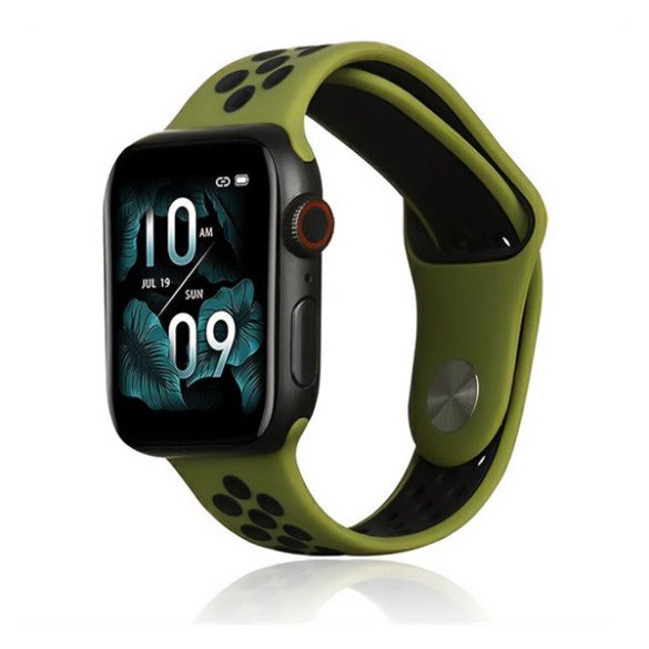 Pótszíj (egyedi méret, nagy, szilikon, lyukacsos, légáteresztő) SÖTÉTZÖLD/FEKETE Apple Watch Series 1 42mm, Apple Watch Series 2 42mm, Apple Watch Series 3 42mm, Apple Watch Series 4 44mm, Apple Watch Series 5 44mm, Apple Watch Series 6 44mm, Apple W