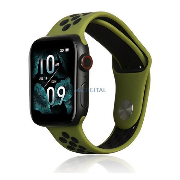 Pótszíj (egyedi méret, kicsi, szilikon, lyukacsos, légáteresztő) SÖTÉTZÖLD/FEKETE Apple Watch Series 2 38mm, Apple Watch Series 3 38mm, Apple Watch Series 4 40mm, Apple Watch Series 5 40mm, Apple Watch Series 6 40mm, Apple Watch Series SE 2 40mm, App